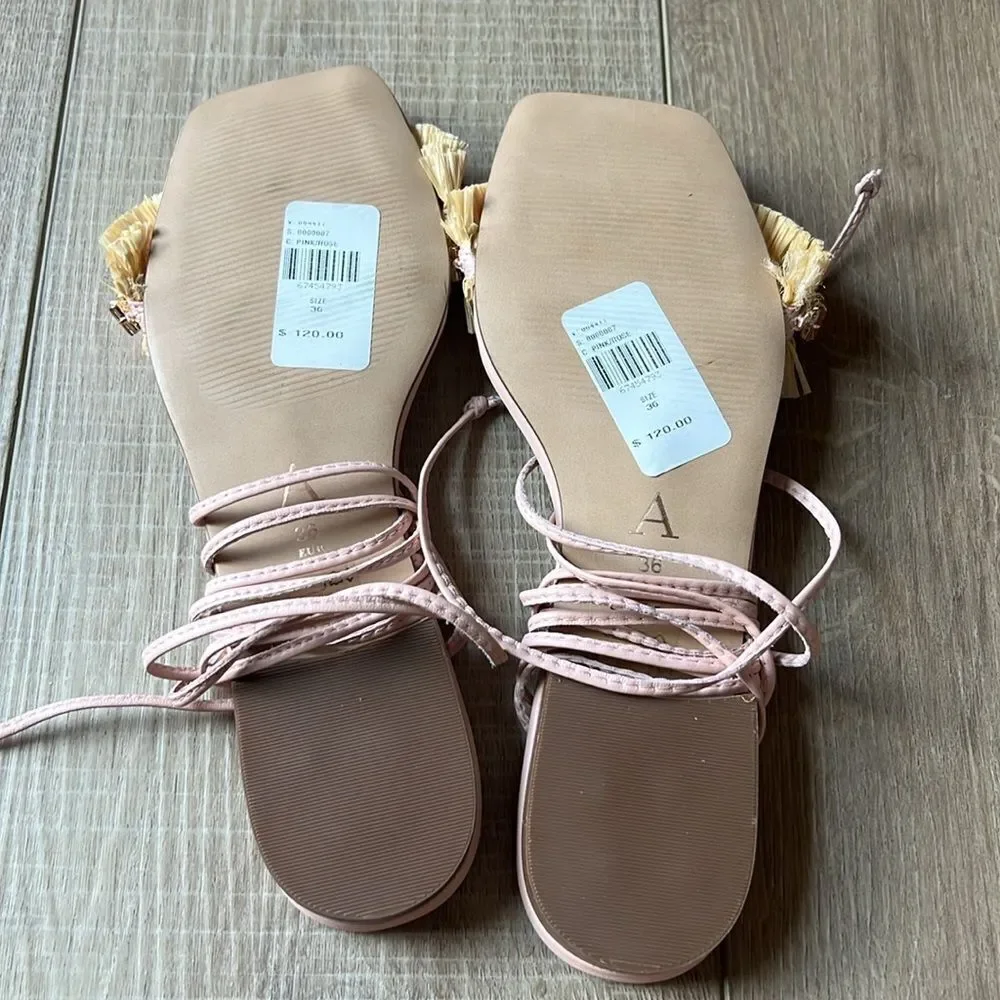 NWOT Anthropologie Embellished Tie Up Pink/Rose Raffia Square Toe Sandals